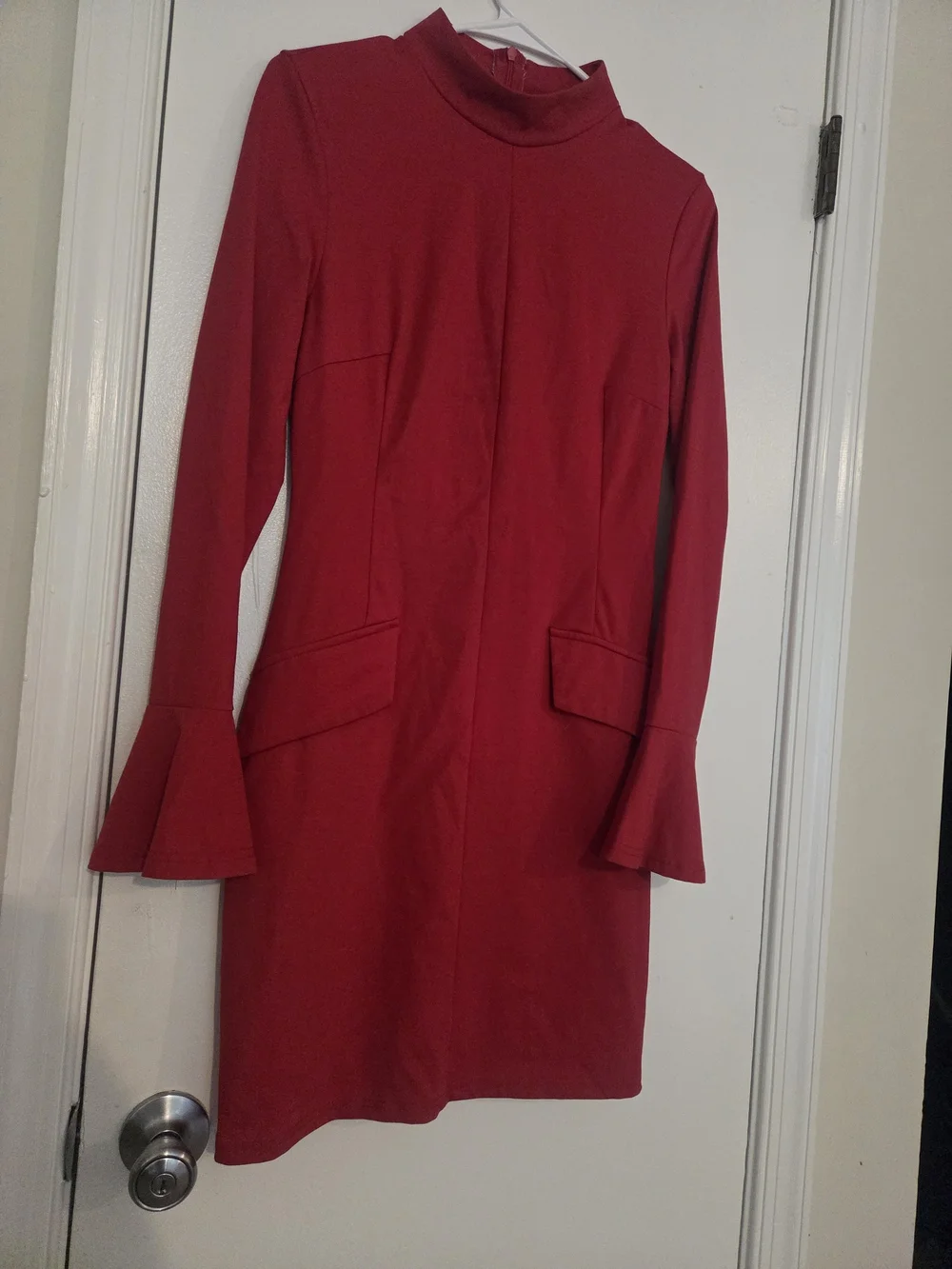 Red Mock-Neck Mini Dress with Flared Cuffs